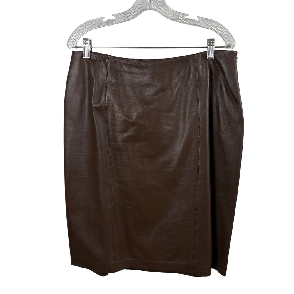 Vtg Linda Allard Ellen Tracy Skirt 14 Brown Leather Pencil Midi Corporate Goth